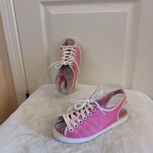 Y2K Vintage Coasters Pink & White Canvas Lace Up Slingback Sandals 5 Barbiecore